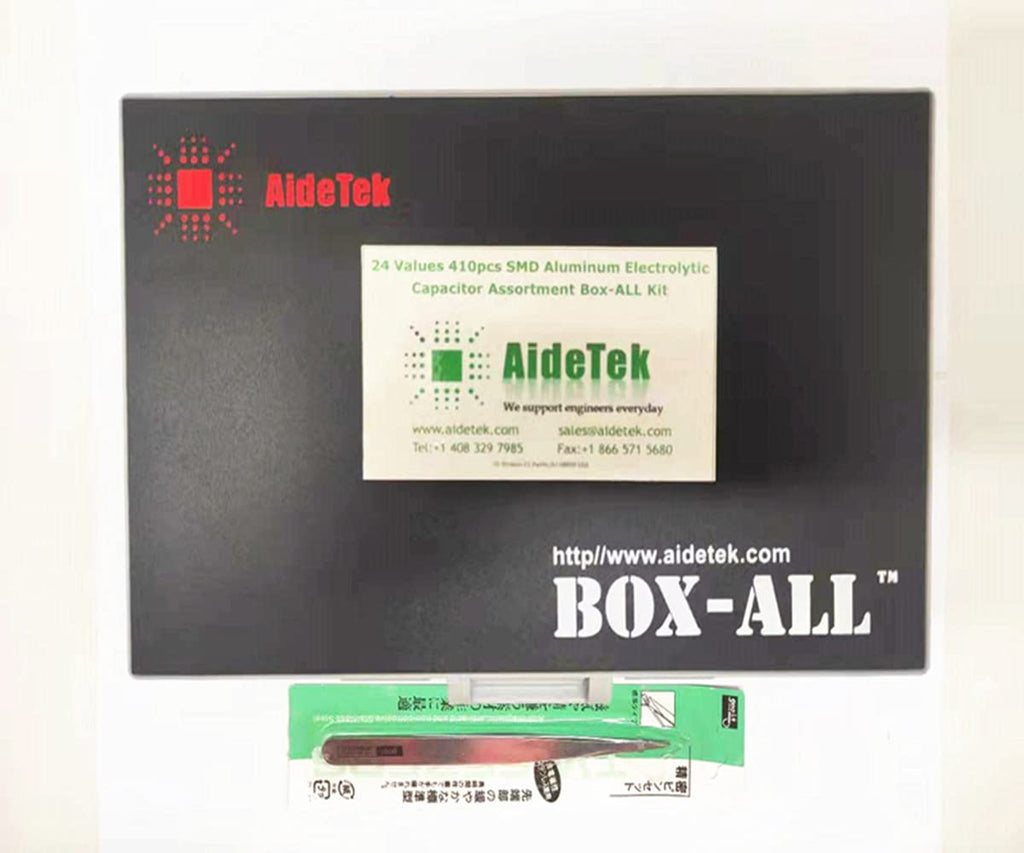 AideTek 24 Values 410pcs SMD Aluminum Electrolytic Capacitor Assortment Kit with BOXALL-48 Storage Box Range 4.7uF－1000uF 16V-50V