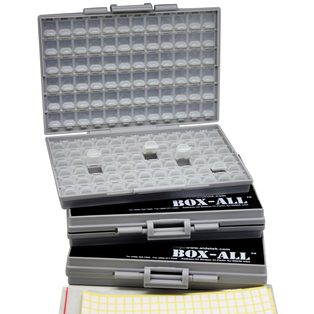 3pcs AideTek Box-all Enclosure for Surface Mount Components 1206 0805 0603 0402 0201 Size+ 198 White Labels 144 Compartments with Lid Hold up to 300pcs 1206 Resistor Capacitor