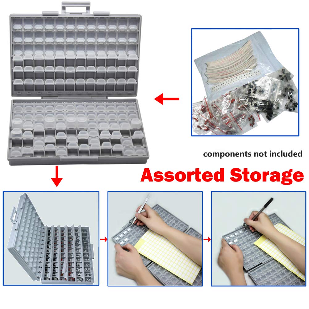 3pcs AideTek Box-all Enclosure for Surface Mount Components 1206 0805 0603 0402 0201 Size+ 198 White Labels 144 Compartments with Lid Hold up to 300pcs 1206 Resistor Capacitor