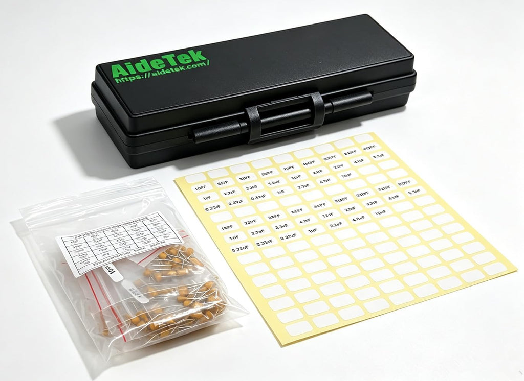 AideTek RC-10-DIY Component Starter Kit – Empty BOX-ALL-40-AS ESD safe 40-Grid Box, Pre-Printed Labels & 25 Values / 250 Pcs Unassembled Dipped Radial Ceramic Capacitors