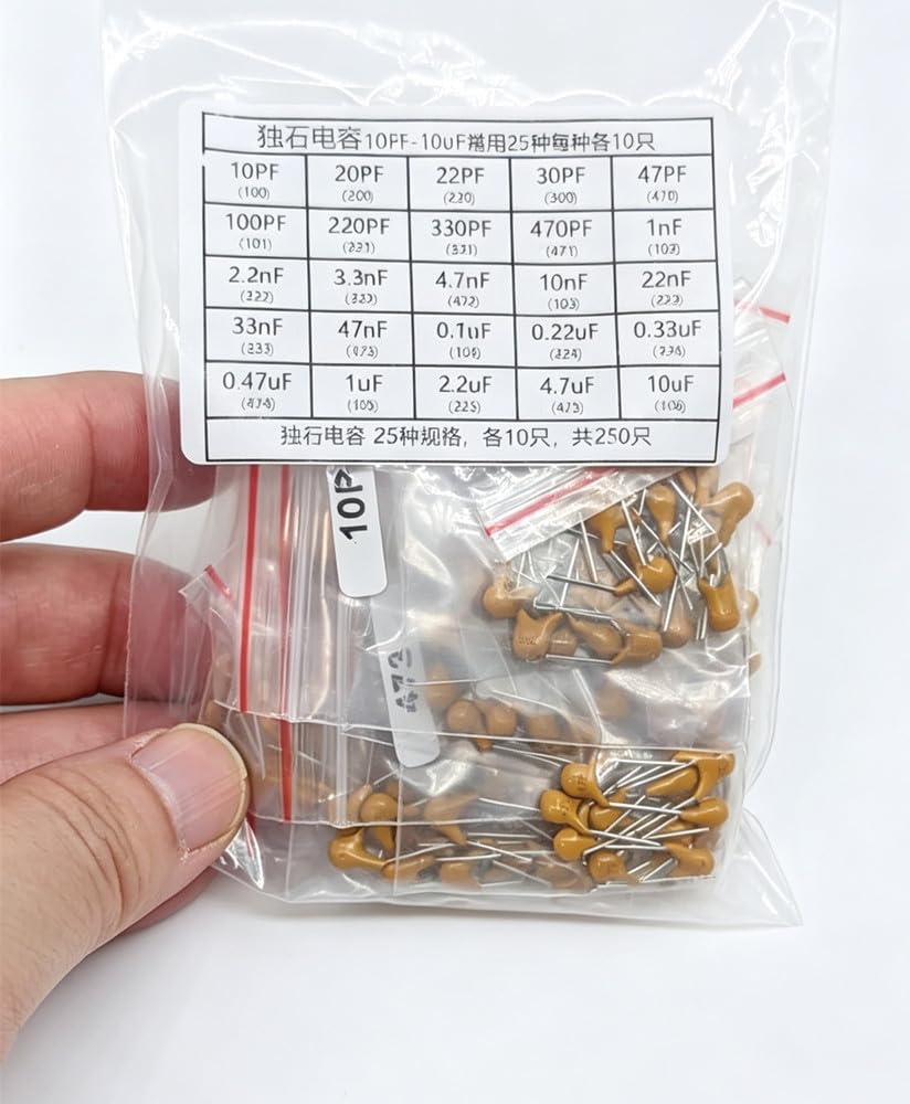 AideTek RC-10-DIY Component Starter Kit – Empty BOX-ALL-40-AS ESD safe 40-Grid Box, Pre-Printed Labels & 25 Values / 250 Pcs Unassembled Dipped Radial Ceramic Capacitors