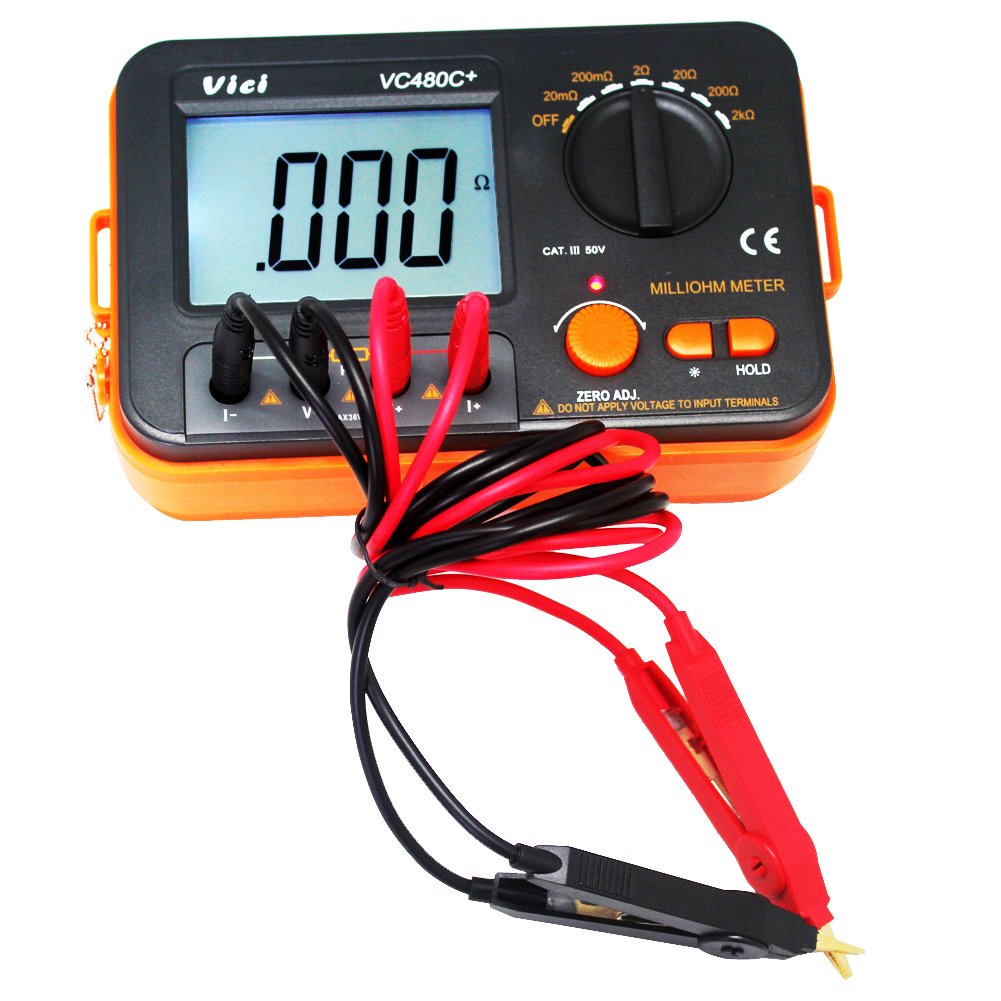 AideTek VC480C Precision Milliohm Meters 4 Wire Kelvin Clip 0 Adjust Large LCD Backlit LCD Data Hold Manual Zero Display Adjust with Calibration Certificate