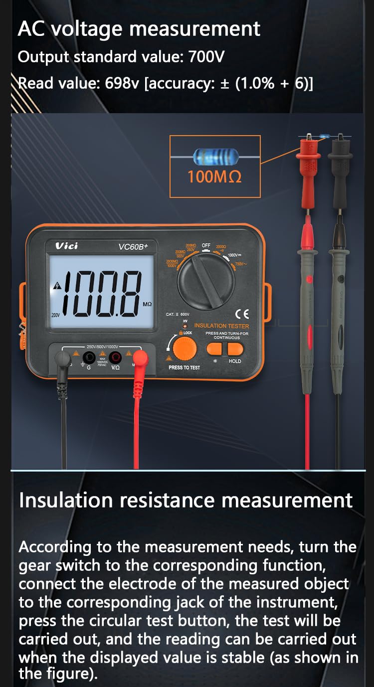 AideTek VC60B+ Insulation Tester Megohmmeter Meter 0.1MΩ-2000MΩ 250V/500V/1000V AC/DC Voltage Test with Calibration Certificate