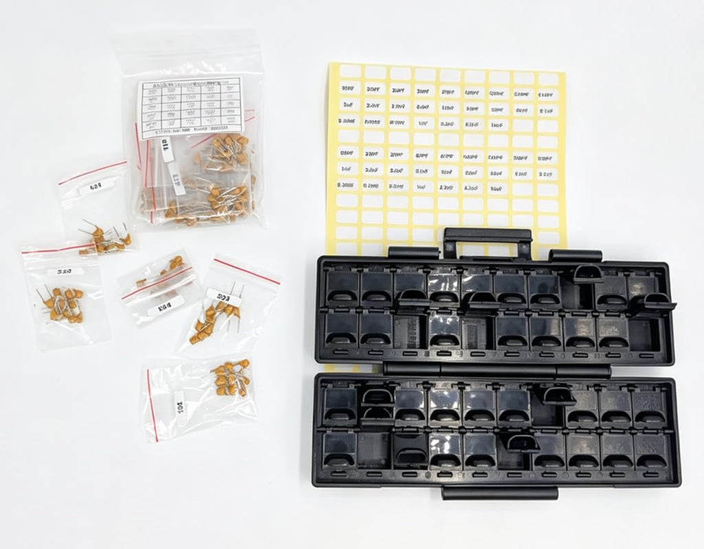 AideTek RC-10-DIY Component Starter Kit – Empty BOX-ALL-40-AS ESD safe 40-Grid Box, Pre-Printed Labels & 25 Values / 250 Pcs Unassembled Dipped Radial Ceramic Capacitors