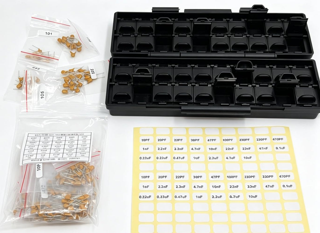 AideTek RC-10-DIY Component Starter Kit – Empty BOX-ALL-40-AS ESD safe 40-Grid Box, Pre-Printed Labels & 25 Values / 250 Pcs Unassembled Dipped Radial Ceramic Capacitors