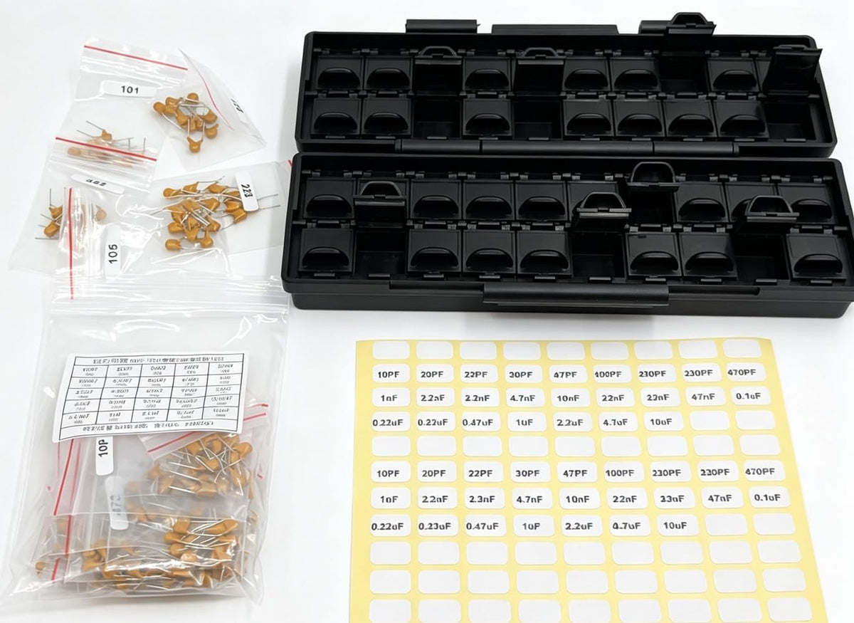 AideTek RC-10-DIY Component Starter Kit – Empty BOX-ALL-40-AS ESD safe 40-Grid Box, Pre-Printed Labels & 25 Values / 250 Pcs Unassembled Dipped Radial Ceramic Capacitors