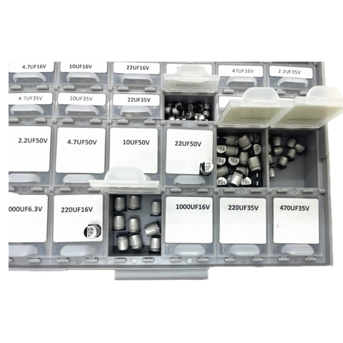 AideTek 24 Values 410pcs SMD Aluminum Electrolytic Capacitor Assortment Kit with BOXALL-48 Storage Box Range 4.7uF－1000uF 16V-50V