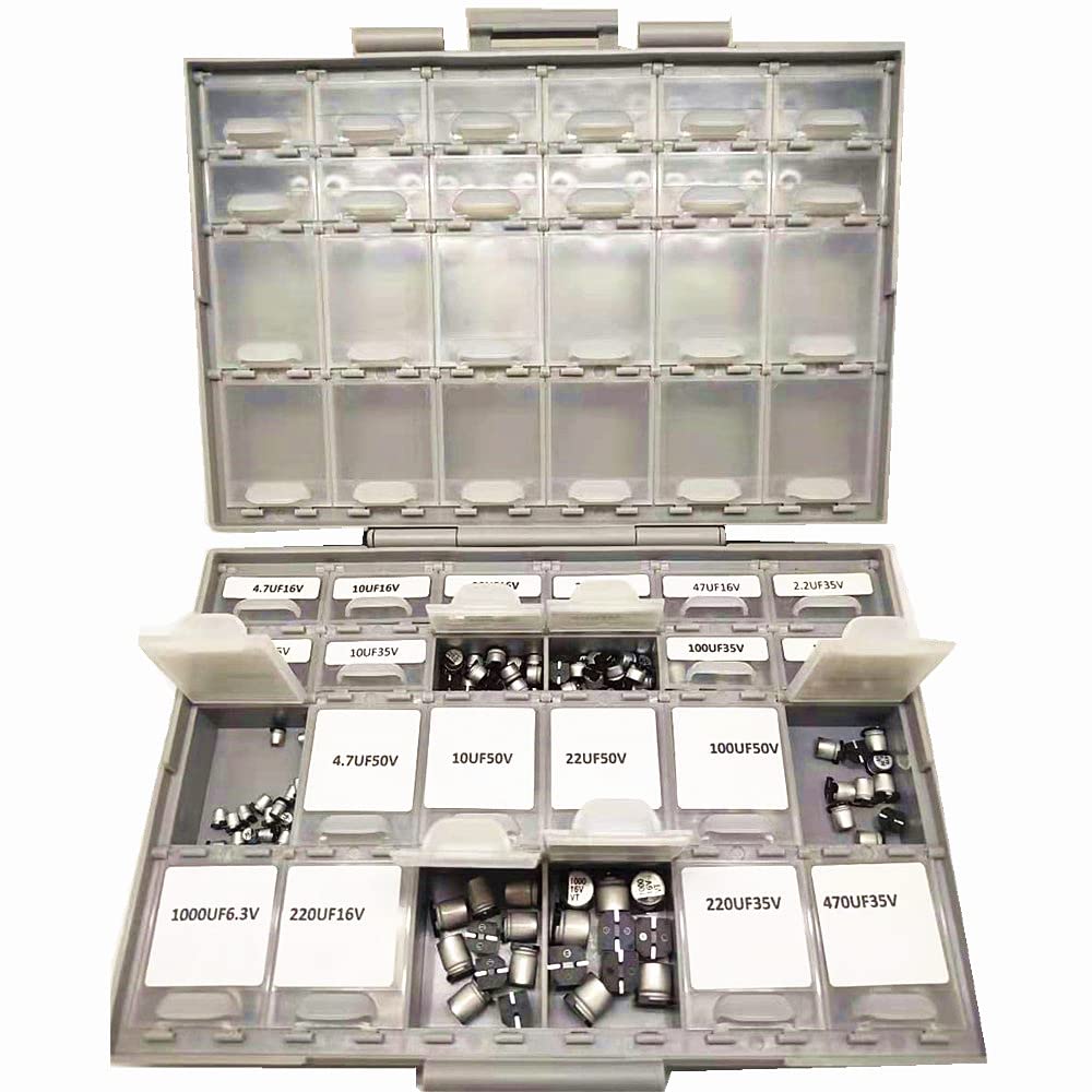 AideTek 24 Values 410pcs SMD Aluminum Electrolytic Capacitor Assortment Kit with BOXALL-48 Storage Box Range 4.7uF－1000uF 16V-50V