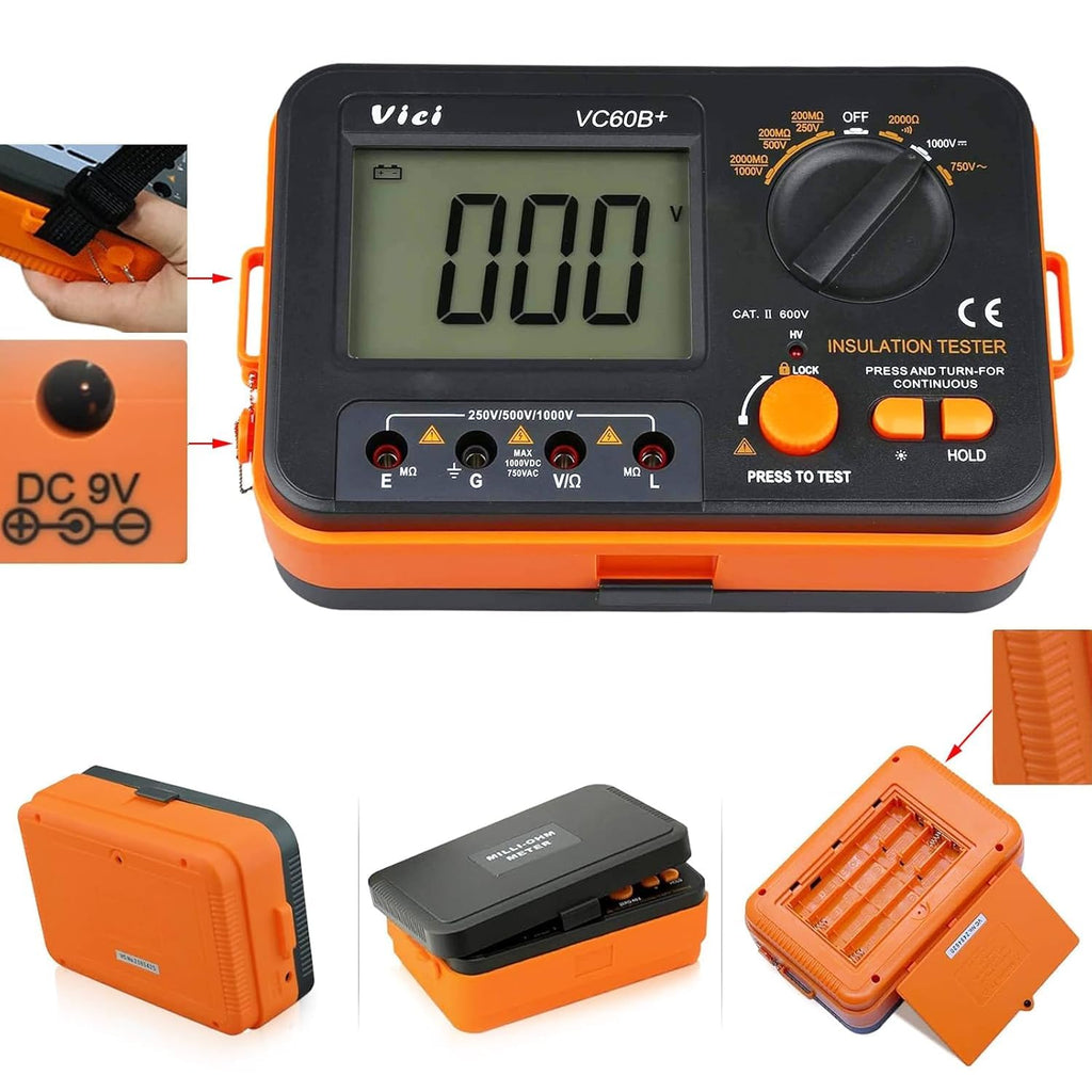 AideTek VC60B+ Insulation Tester Megohmmeter Meter 0.1MΩ-2000MΩ 250V/500V/1000V AC/DC Voltage Test with Calibration Certificate