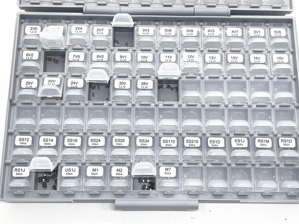 AideTek SMD 1206 Diode Kit 50 Values, 0.5W Zener 2V-39V LL-34,1N40011N4007 1N4148 SMA 300 Pcs Lead-Free RoHS, BOX-ALL Enclosure PCB Efficiency