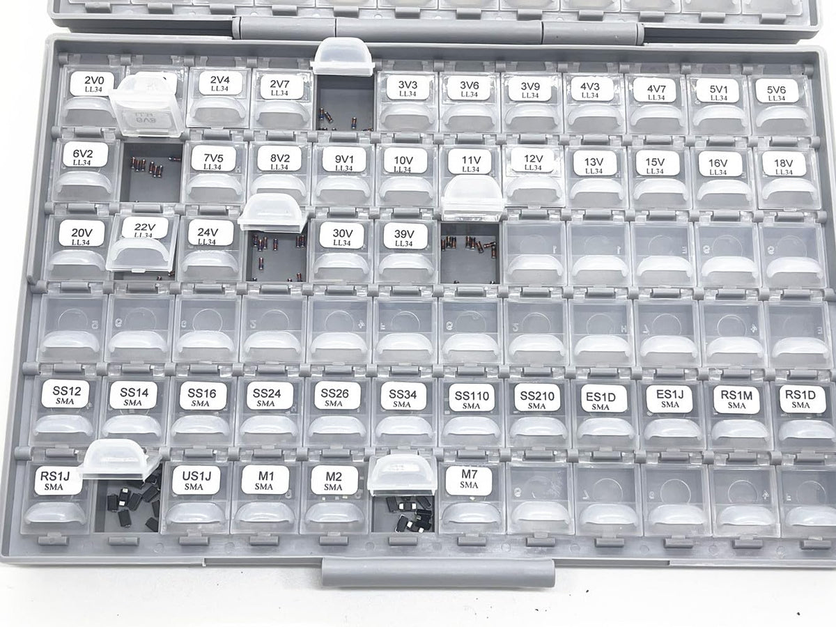 AideTek SMD 1206 Diode Kit 50 Values, 0.5W Zener 2V-39V LL-34,1N40011N4007 1N4148 SMA 300 Pcs Lead-Free RoHS, BOX-ALL Enclosure PCB Efficiency