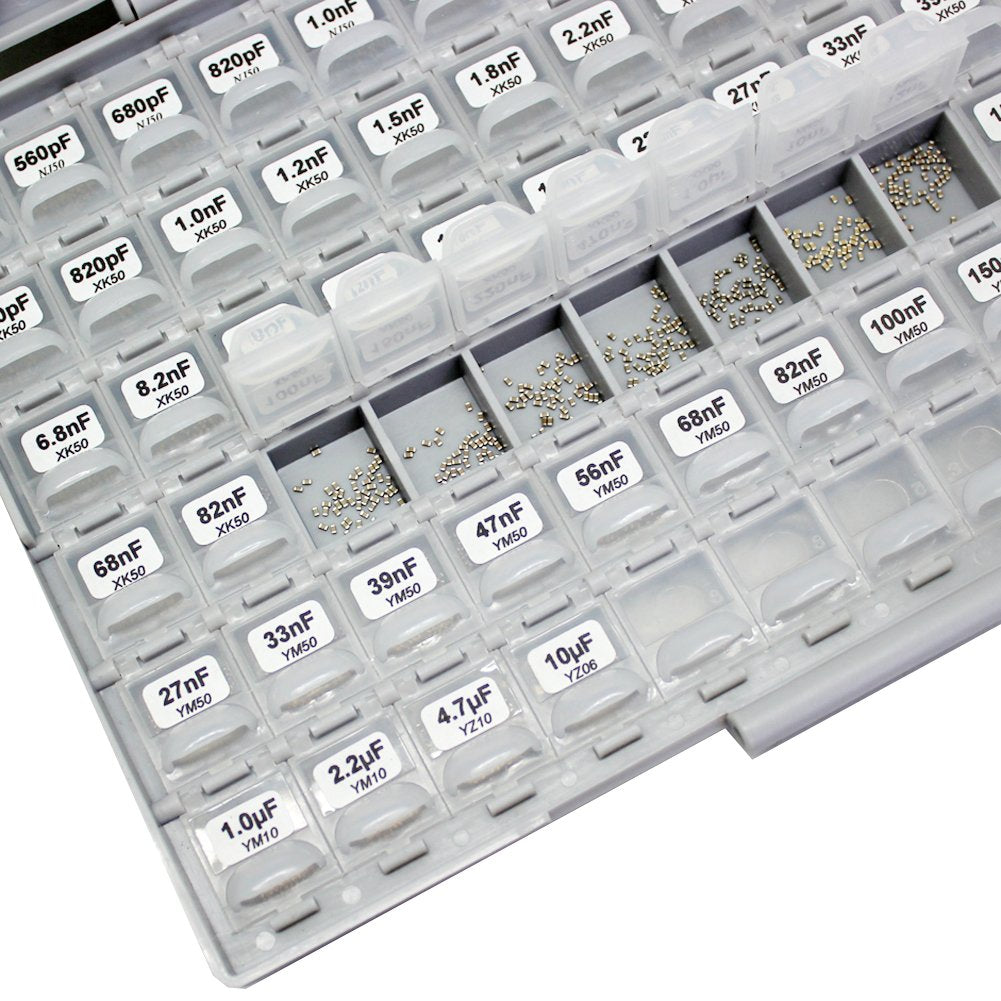 AideTek SMD 0603 capacitor kits 100 Values, 50pc/value Sample Capacitor Kit Distributed in Box-all Enclosure Designer Kit NPO Y5v X7r free Tweezers 10uf 4.7uf