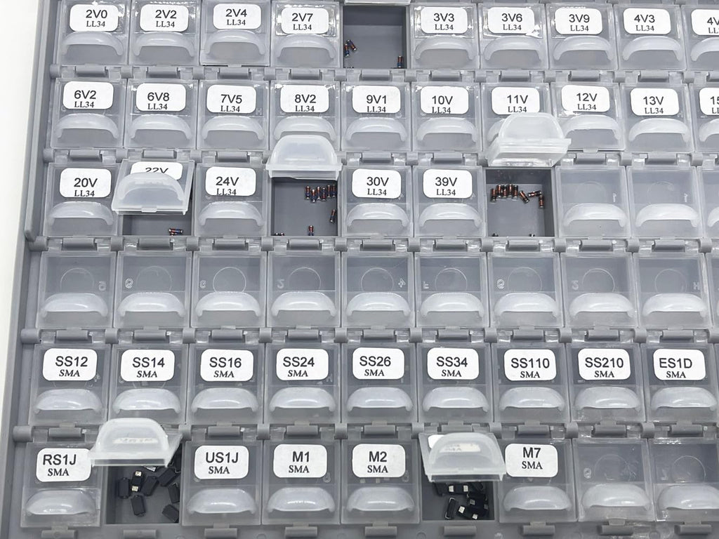 AideTek SMD 1206 Diode Kit 50 Values, 0.5W Zener 2V-39V LL-34,1N40011N4007 1N4148 SMA 300 Pcs Lead-Free RoHS, BOX-ALL Enclosure PCB Efficiency
