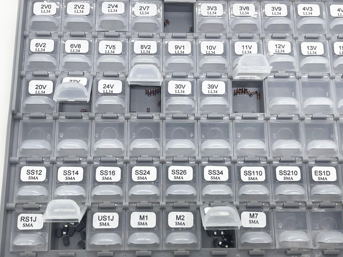 AideTek SMD 1206 Diode Kit 50 Values, 0.5W Zener 2V-39V LL-34,1N40011N4007 1N4148 SMA 300 Pcs Lead-Free RoHS, BOX-ALL Enclosure PCB Efficiency