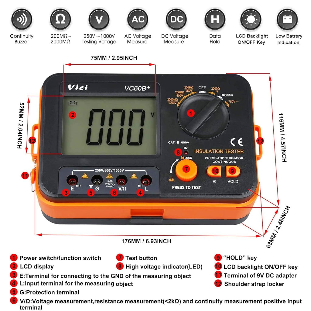 AideTek VC60B+ Insulation Tester Megohmmeter Meter 0.1MΩ-2000MΩ 250V/500V/1000V AC/DC Voltage Test with Calibration Certificate