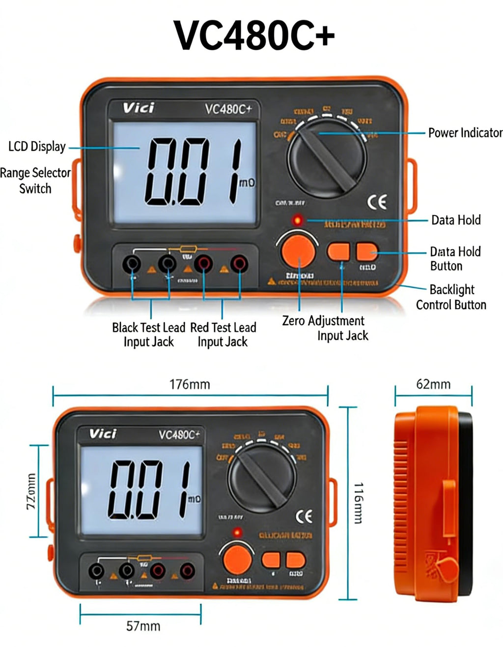 AideTek VC480C Precision Milliohm Meters 4 Wire Kelvin Clip 0 Adjust Large LCD Backlit LCD Data Hold Manual Zero Display Adjust with Calibration Certificate