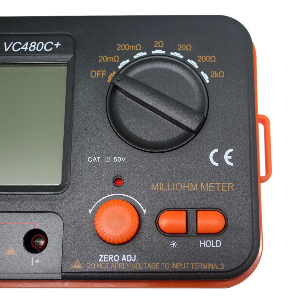 AideTek VC480C Precision Milliohm Meters 4 Wire Kelvin Clip 0 Adjust Large LCD Backlit LCD Data Hold Manual Zero Display Adjust with Calibration Certificate