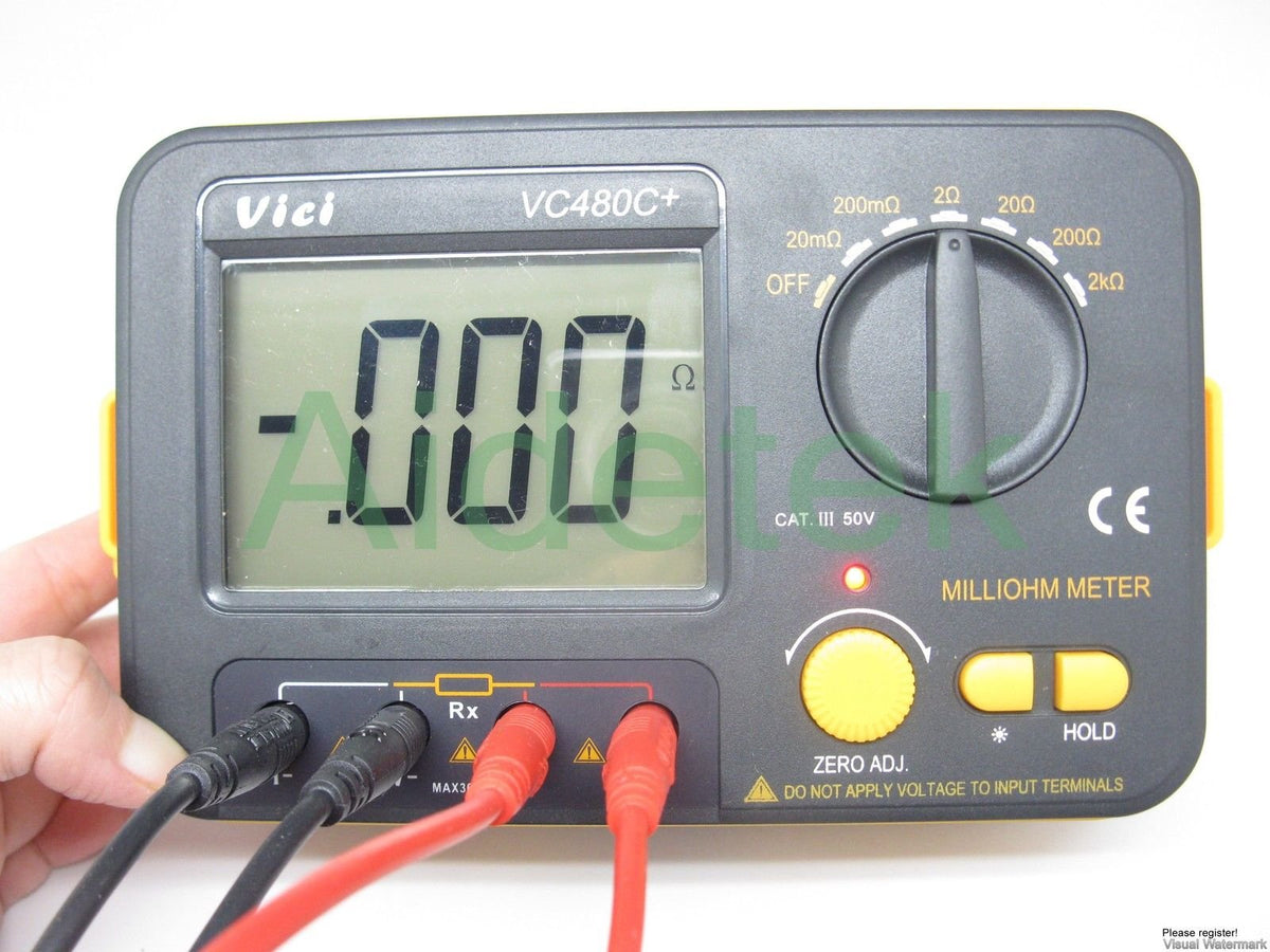 AideTek VC480C Precision Milliohm Meters 4 Wire Kelvin Clip 0 Adjust Large LCD Backlit LCD Data Hold Manual Zero Display Adjust with Calibration Certificate
